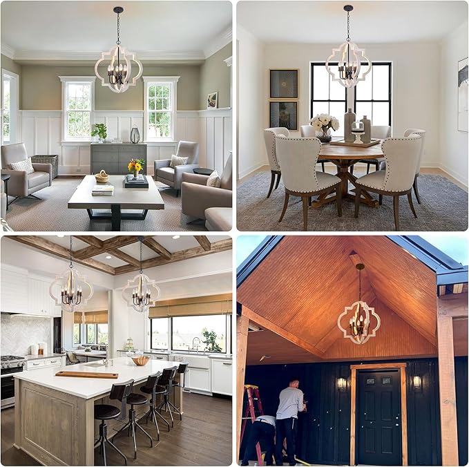 21'' Farmhouse Wood Chandelier, 6-Light Distressed White Dining Room Light Fixture, Adjustable Height Rustic Wood Orb Chandelier for Kitchen Island Foyer Living Room Bedroom Entryway