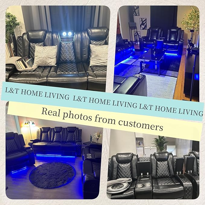 Power Recliner Sofa Set with LED, Air Leather Reclining Sofa Set, 3 Piece Living Room Set with USB Charging,Drop Down Table&Storage (Black Standard Version Total of 2 Cup Holders)