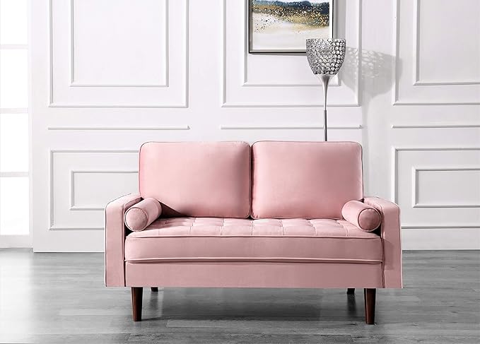 Container Furniture Direct Womble 58 Inch Velvet Loveseat Sofa with Elegant Button Tufted Upholstery, Square Arms, Splayed Wood Legs, Includes Matching Bolster Pillows, Rouge