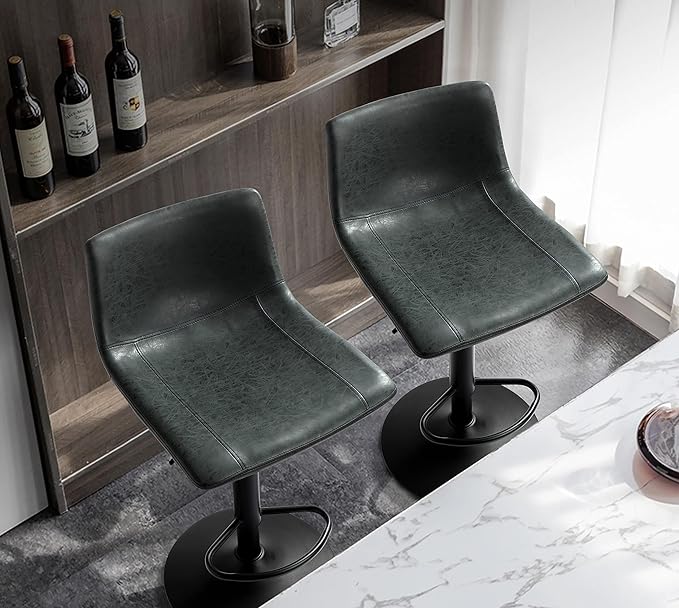 Finnhomy Bar Stools Set of 2 Counter Height, Swivel Barstools with Footrest and L Shape Back, Height Adjustable Modern Bar Chairs, Vintage Leather, Retro Black