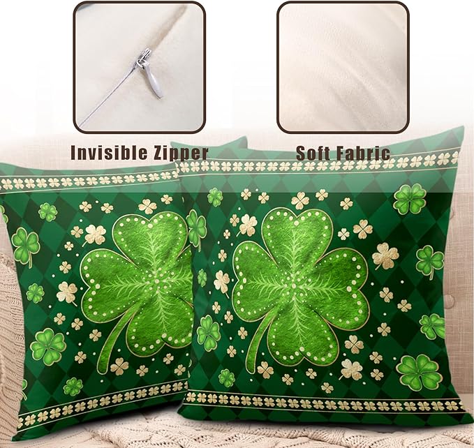 St Patricks Day Shamrock Throw Pillow Covers 22x22 Set of 2 Green Buffalo Plaid Check Lucky Clovers Outdoor Decorative Pillow Covers Spring Rustic Pillow Cases for Farmhouse Living Room Decor