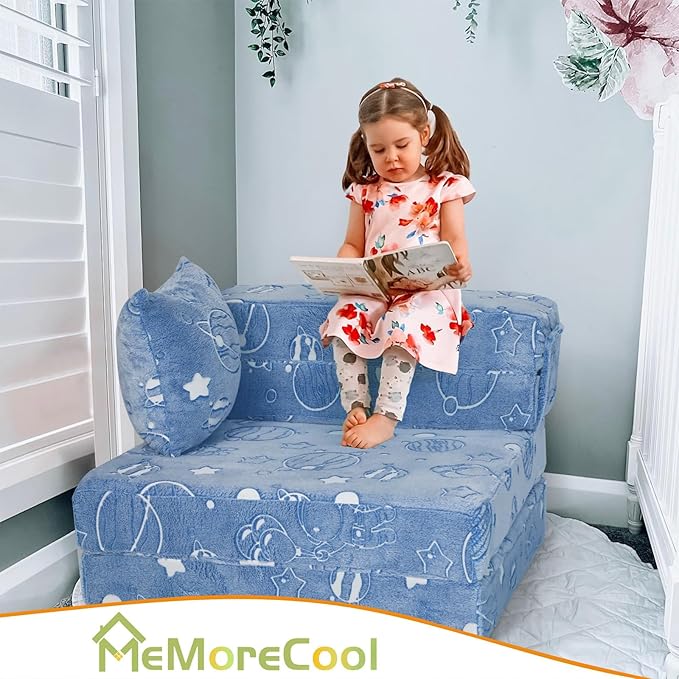 MeMoreCool Glow Space-Themed Tri-fold Sofa Bed for Kids, Foldable Futon Chair and Floor Couch with Planets and Stars for Playroom