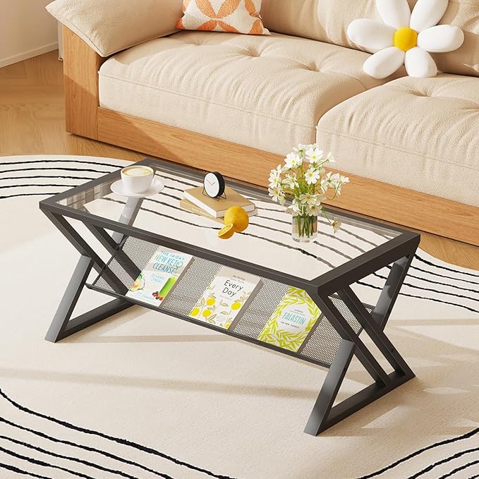 Glass Coffee Table Living Room Table with Storage Shelf, Black Glass Table Simple Modern Rectangular Tables with Sturdy Black Metal Frame,Industrial Glass Coffee Table for Bedroom Home Office