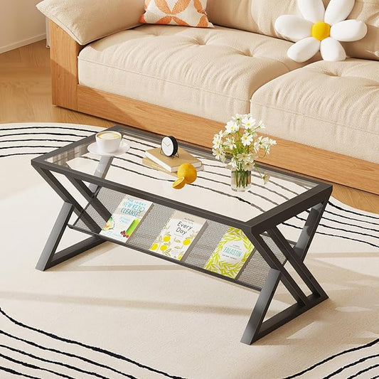 Glass Coffee Table Living Room Table with Storage Shelf, Black Glass Table Simple Modern Rectangular Tables with Sturdy Black Metal Frame,Industrial Glass Coffee Table for Bedroom Home Office