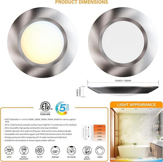 8 Packs 6 Inch LED Low Profile Screw in & Surface Mount Disk Light, Brushed Nickel, 5CCT Field Selectable, Round, 15W, 1000 Lumens, CRI80, Driverless, Dimmable, ETL & Wet Listed