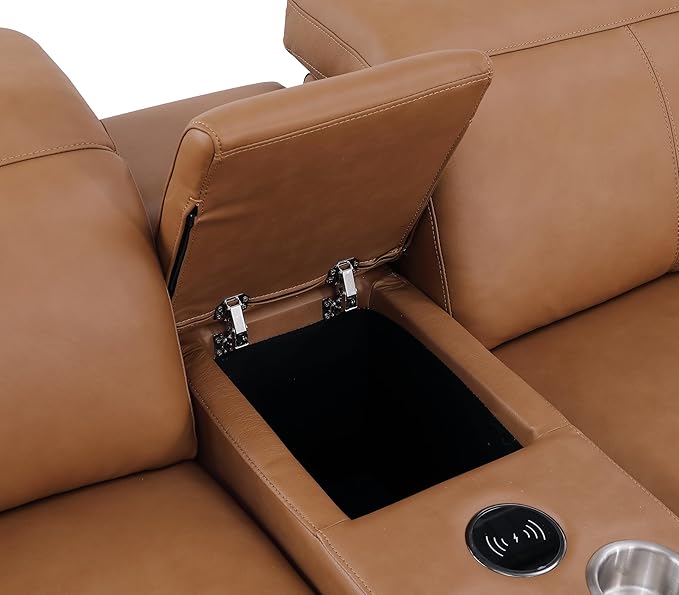Blackjack Furniture Venice Top Grain Italian Leather Recliner 7 Seater 5 Power Reclining 3 Piece Sofa Set with Adjustable Headrests Modern Seating Sofa, Loveseat and Chair for Living Room , Cognac
