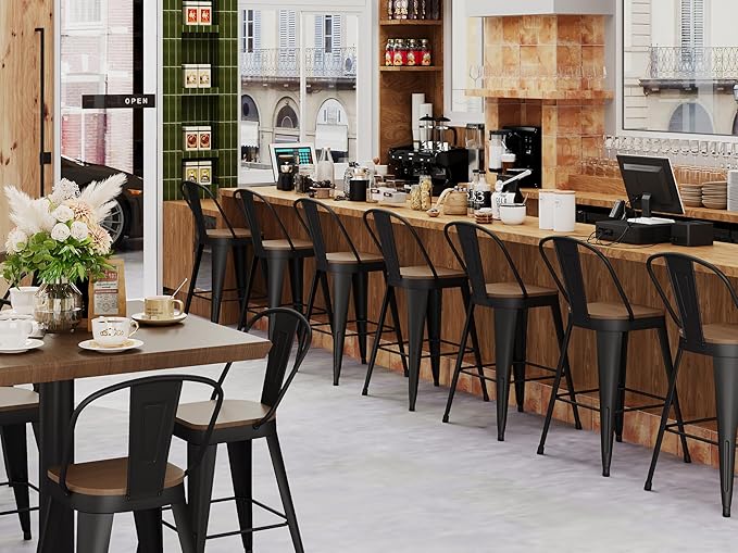 Andeworld Metal Bar Stools Set of 4, 30 inch Bar Height Barstools with Backs Farmhouse Modern High Back Bar Stools with Larger Seat Kitchen Dining Bar Chairs,Matte Black