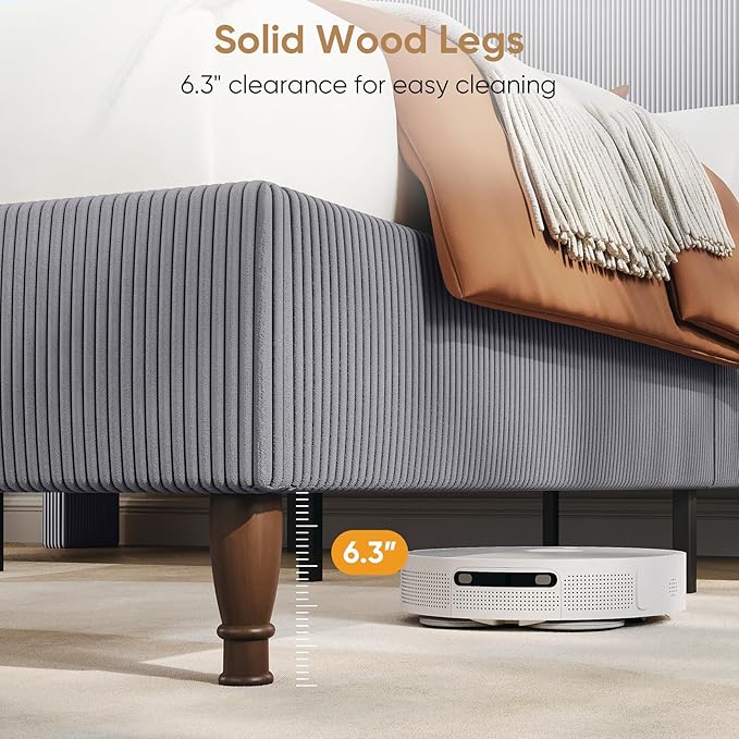 King Bed Frame with 55.3" Tall Headboard, Corduroy Upholstered Platform Bed with LED Lights & Charging Station, Wingback Storage Headboard, Solid Wood Slats,Noise Free,No Box Spring Needed,Dark Grey