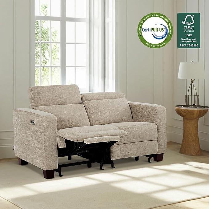 MCombo 62.2'' Reclining Loveseat, Wall Hugger Power Loveseat Recliner Sofa with Adjustable Headrest, USB A & C Charge Ports, Wood Legs, for Living Room (Fabric, HL198M1) (Beige)