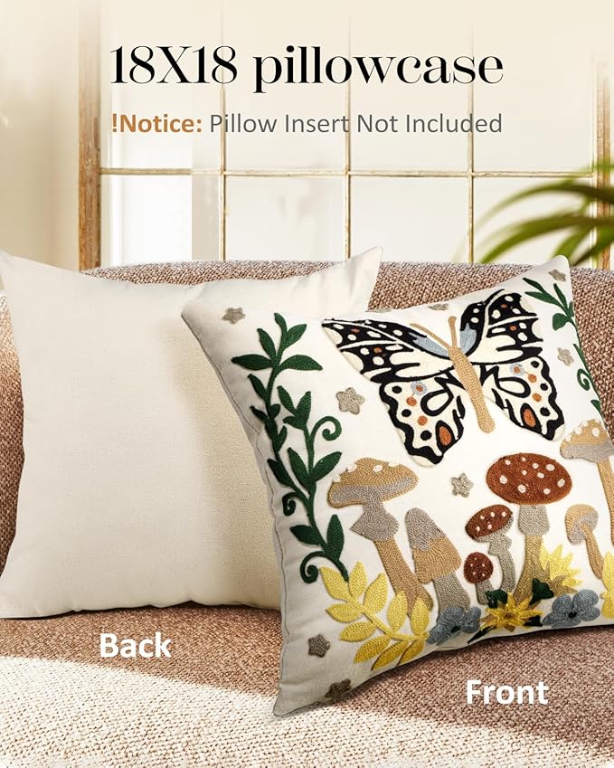 Embroidered Throw Pillow Cover - 18x18 Decorative Pillow Cover with Zipper Aesthetic Cute Design Boho Spring Summer Throw Pillowcase for Living Room Couch Sofa Bed, Butterfly Moon