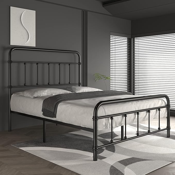 Queen-Bed-Frame-Metal Platform Bed Frame with 49" High-Headboard - Solid Quite Easy Set Up Mattress Foundation No Box Spring Needed