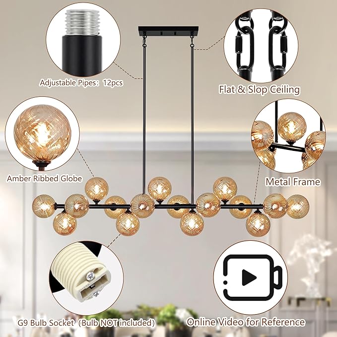 Linear Sputnik Chandelier, 55" Dining Room Light Fixture Modern Chandelier with Amber Swirled Globe 16 Lights Long Chandeliers for Dining Room Kitchen Island Large Chandelier for High Ceilings