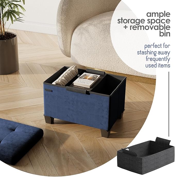 Storage Ottoman Cube with Small Bin, 16-in Square Ottoman with Storage for Living Room and Bedroom, Small Ottomans Foot Rest, Velvet Foot Stools Ottomans Max 330lbs, Blue