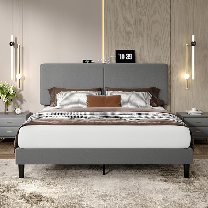 VECELO Queen Bed Frame Upholstered with Charging Station, Height-Adjustable Headboard, Wooden Slat Support, No Box Spring Needed, Easy Assembly, Dark Grey