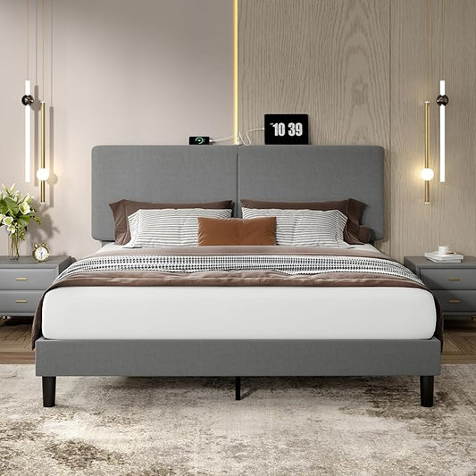 VECELO Queen Bed Frame with Type-C & USB Ports, Upholstered Platform Height-Adjustable Cotton and Linen Headboard,No Box Spring Needed,Noise-Free,Easy Assembly, Dark Gery