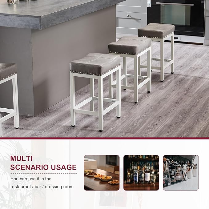 NEWBULIG Bar Stools Counter Height - 24 Inch Saddle Stools, PU Leather Modern Kitchen Barstools with Metal Base Footrest,Grey,Set of 2