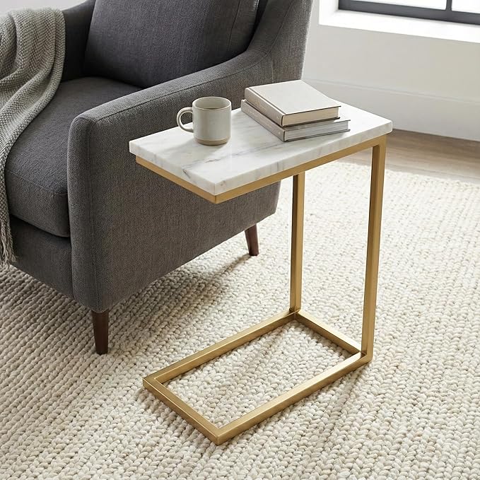 SIMPLIHOME Skyler Metal Table - 18 inch Wide Solid Iron C-Side Table with Genuine White Marble Top in Satin Gold, Contemporary Accent End Table for Living Room or Home Office with Slide-Under Design