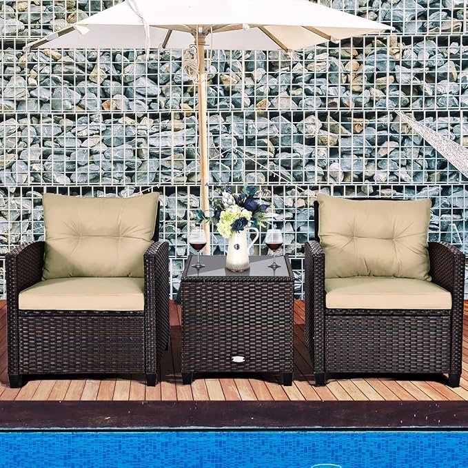 AUGESTER 3 PCS Patio Furniture Set, Outdoor PE Rattan Wicker Conversation Sofa Set w/Washable Cushion and Tempered Glass Tabletop, All Weather Chat Sofa for Garden Poolside Balcony Porch (Beige)