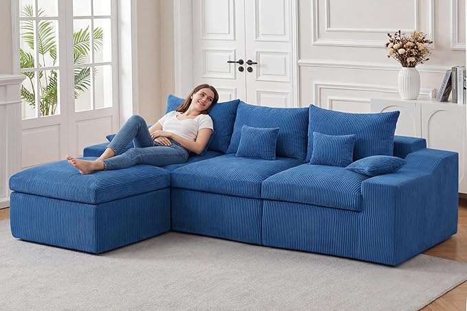 HABUTWAY 104" L Shaped Cloud Sectional Couch, Boneless Modular Sectional Sofa with Deep Seat, Corduroy Couches for Living Room, Modular Couch, No Assembly Required (Blue)