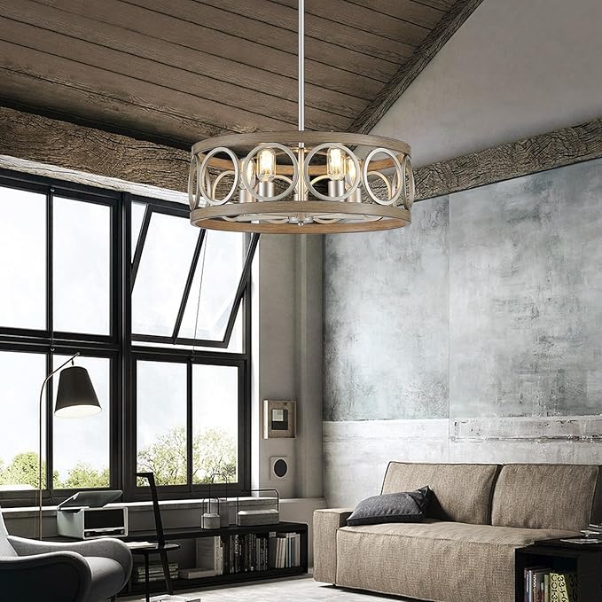 XINGQI 21.7" Drum Chandelier, Farmhouse Dining Room Light Fixture, Wood Grain Brushed Nickel Kitchen Lighting 5 Light with Round Metal Shade Vintage Hanging Light for Living Room Bedroom