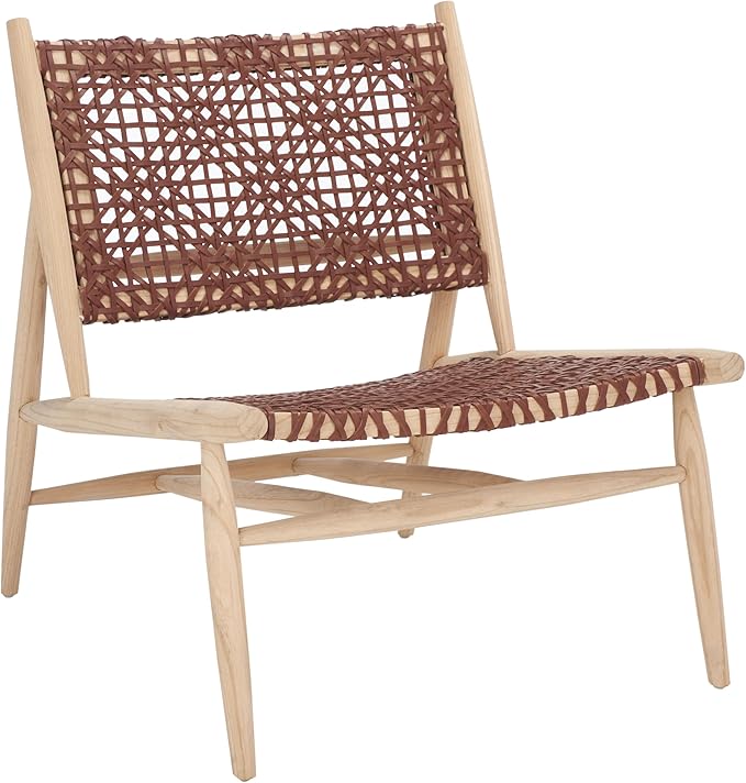 SAFAVIEH Home Collection Bandelier Natural Sungkai Solid Wood/Cognac Brown Leather Weave Accent Chair (Fully Assembled)