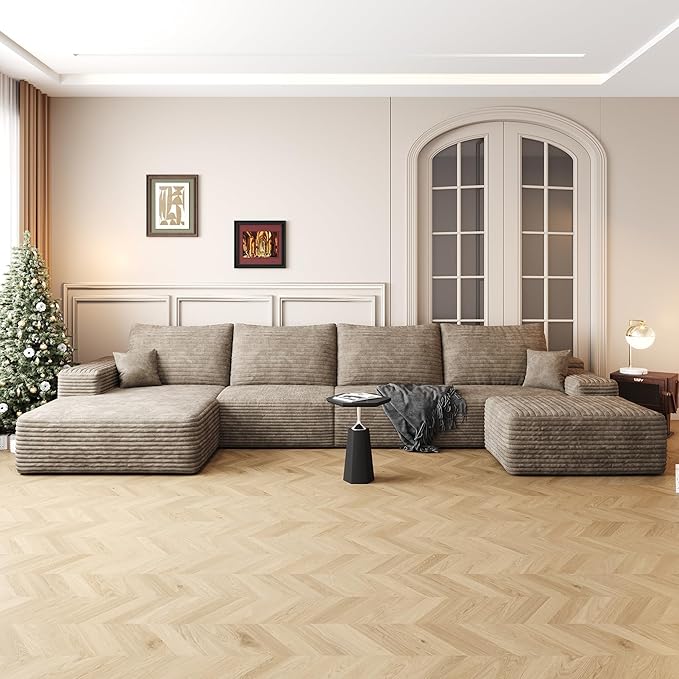 Eafurn Oversized Modular Sectional Sofa Couch with Movable Ottoman,Plush Corduroy Convertible U/L Shaped Boneless Couch with Left Facing Chaise,Deep Seat High-Density Foam Floor Sofa for Living Room