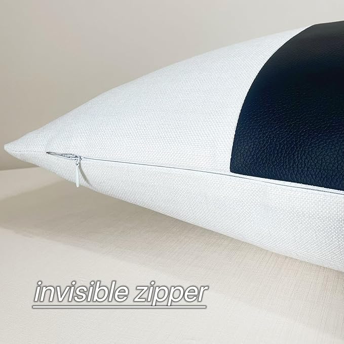 Slow Cow Black Faux Leather and Off White Linen Patchwork Throw Pillow Covers Stripe Cushion Covers 18 x 18 Inches