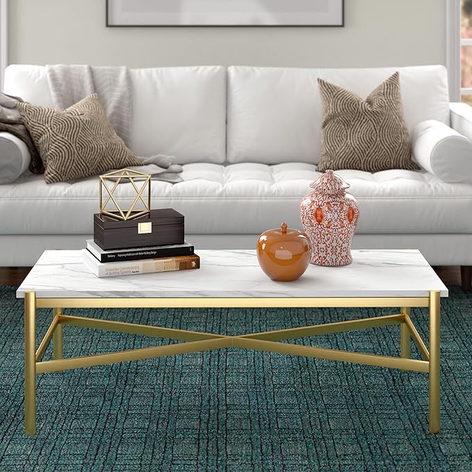 Braxton 46'' Wide Rectangular Coffee Table with Faux Marble Top in Gold
