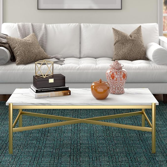 Braxton 46'' Wide Rectangular Coffee Table with Faux Marble Top in Gold