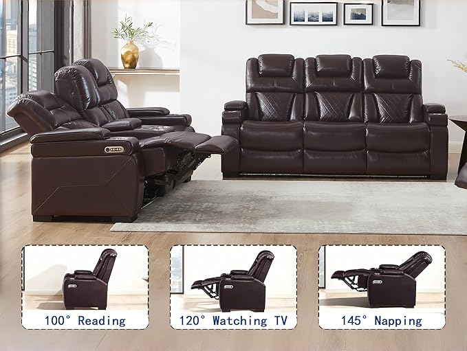 THSUPER Power Breathable Leather Reclining Sofa and Loveseat Set with 7-Color LED Light, Living Room Recliner Couch Set with Adjustable Headrest/Reading Light/USB Port/Bluetooth Speaker, Brown