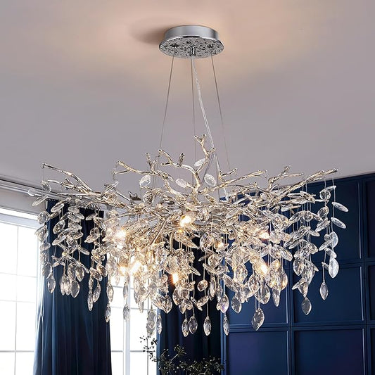 Modern Tree Branch Crystal Chandelier Luxury Silver Crystal Pendant Lighting 30" Contemporary 10-Light Chandeliers for Dining Room Kitchen Bedroom Living Room