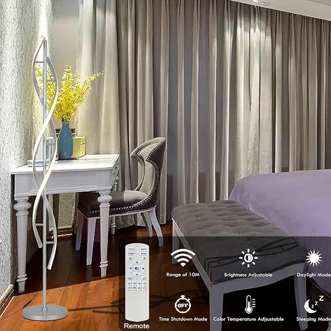 Tall Modern Floor Light Lamp for Living Room,Dimmable Spiral Corner Bedside Lamp with Rmoete for Bedroom,LED 3 Color Floor Lamp with Foot Switch for Dining Room(Silver)