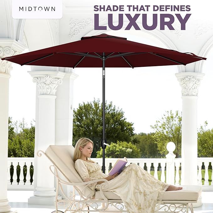 Midtown Umbrellas - The Lean 8 Ft Patio Umbrella with Fade-Resistant Sunbrella Fabric, Auto-Tilt Aluminum Frame and 8 Reinforced Ribs for Deck, Pool & Garden - Burgundy Canopy, Black Pole