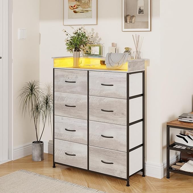 Dresser for Bedroom with Charing Station Grey Dresser with LED Lights Tall Dressers with 8 Drawers Storage Tower for Closet Living Room Hallway Entryway Sturdy Steel Frame Wood Top