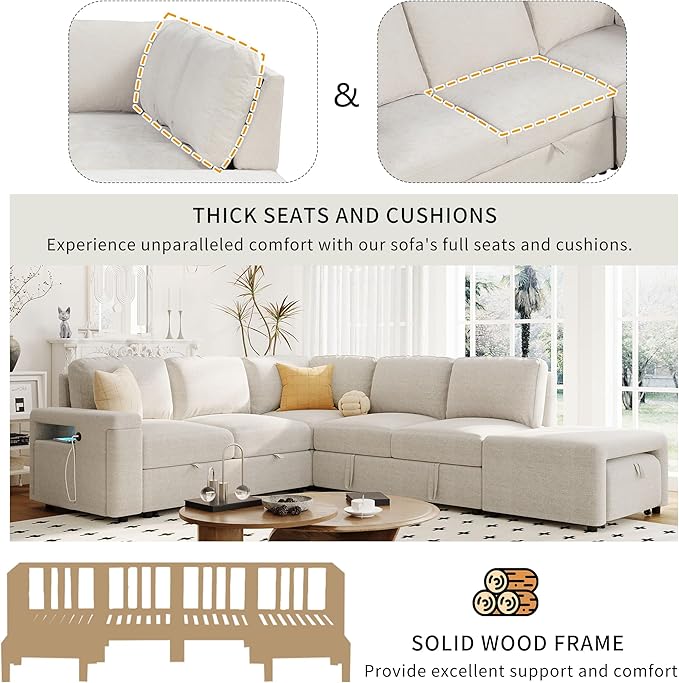 90.6" L-Shaped Modular Padded Cloud Sectional Fabric Sofa Set with Pull Out Bed, Convertible Sectional Couches w/Storage Space and USB Ports & Cup Holders on The Armrests,for Living Room,Beige