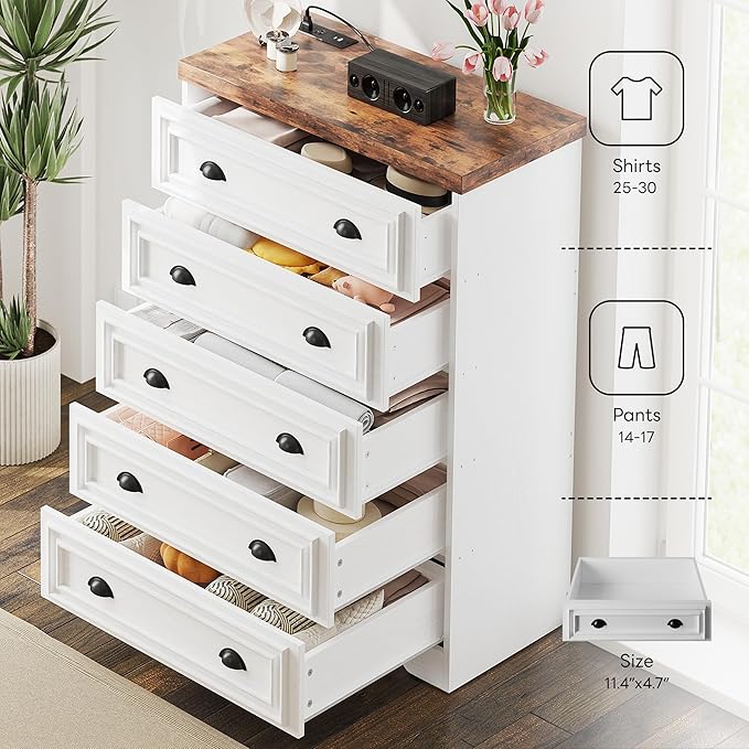 LIKIMIO 5-Drawer 43" Tall Dresser with Built-in Charging Station - Farmhouse Style Bedroom Storage Cabinet, Brown & White