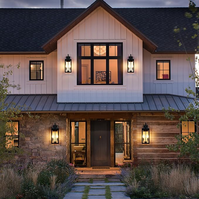 OKELI 17.6" 2-Pack Outdoor Wall Light Fixture, Large Exterior Porch Lighting 2-Light Farmhouse Outside Lantern Lights with Clear Glass Waterproof Wall Sconces Lamp for House Garage