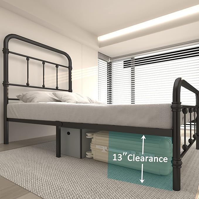 Twin XL-Bed-Frame with headboard Giselle-Vintage Antique-Metal - Platform Mattress Foundation,49 inch High,No Box Spring Needed(Black)