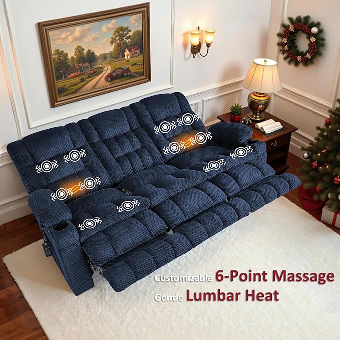 MCombo 80.7" W 3 Seater Power Reclining Sofa with Heat and Vibration Massage, Zero Gravity Recliner Sofa Couch for Living Room, Fabric 6316M3 (Navy Blue, 3-Seater)