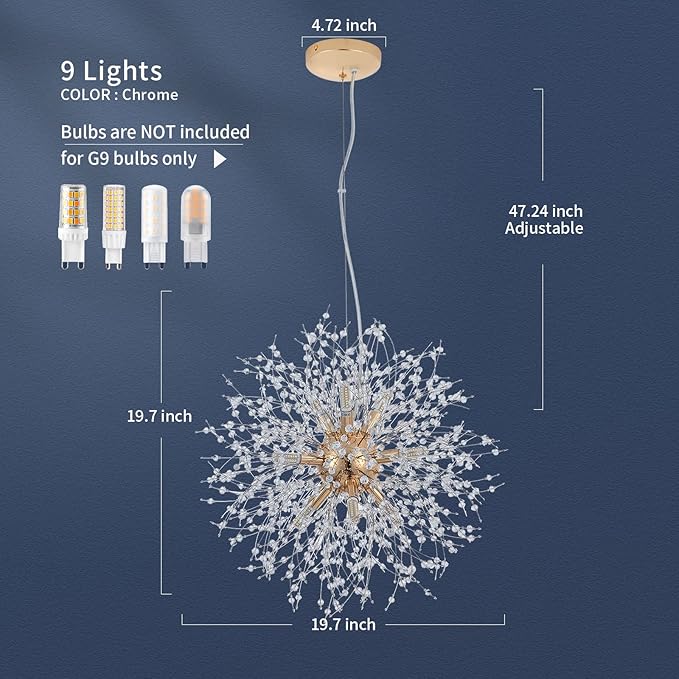 CM MZY Modern Crystal Chandeliers Firework, 9-Light Gold Dandelion Sputnik Ceiling Light Fixtures, Sputnik Chandelier Pendant Light for Bedroom Living Room Dining Room Kitchen Island Hallway