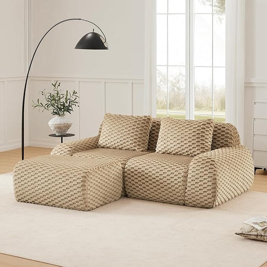 KEIKI 81.9" Loveseat Boneless Couches for Small Living Room, Modular Sectional Velvet Sofa with Ottoman, Soft Deep Seat Comfort Lounge Couch for Apartment Furniture, Chaise Lounge Indoor, Light Camel