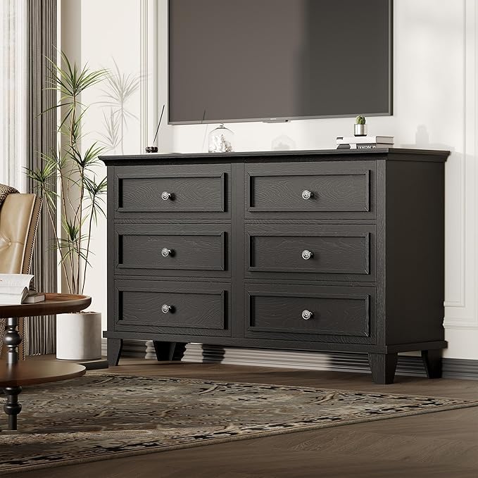 GAOMON Dresser for Bedroom, 6 Drawer Wide Dresser Storage Organizer, Modern Wooden Chest of Drawers with Metal Handles for Hallway, Entryway, Home Office, Black