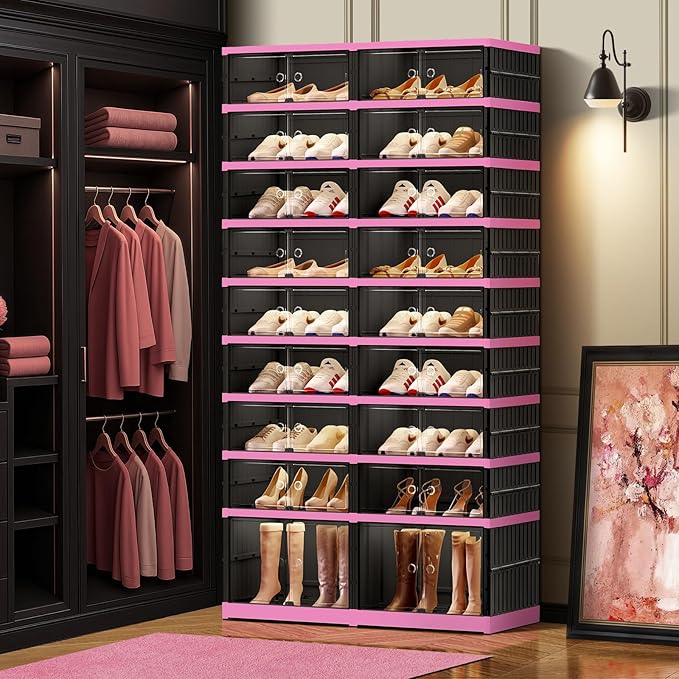 9-Tier Foldable Shoe Rack Organizer for Closet,36 Pairs Collapsible Plastic Shoe Shelf,Large Shoes Cabinet with Door,Clear Stackable Storage Box Easy Assembly（Black-Pink）