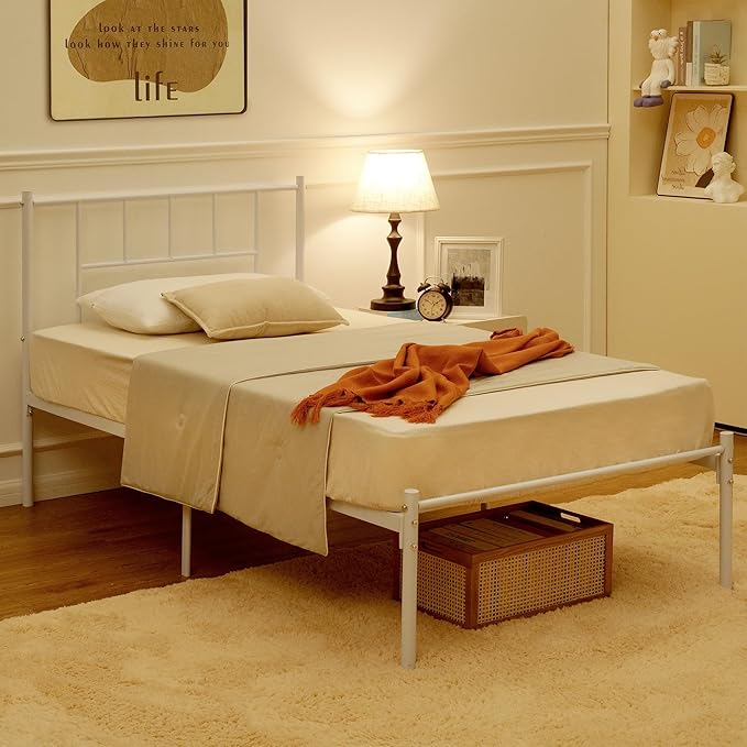VECELO Twin Metal Platform Bed Frame with Headboard, Heavy Duty Steel Slat Support, Under Bed Storage,No Box Spring Needed, Easy Assembly