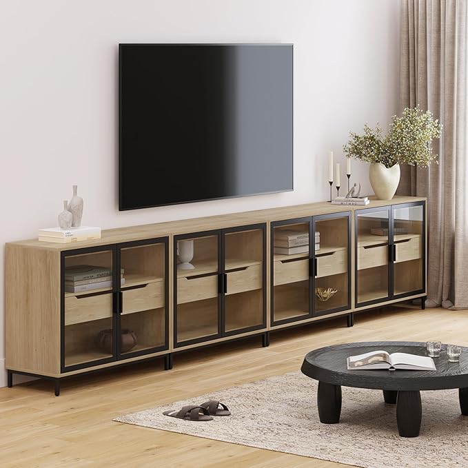 Nathan James Mackenna Metal and Glass Sideboard Accent Cabinet with Two Doors, Oak Credenza for Kitchen or Living Room Set of 4