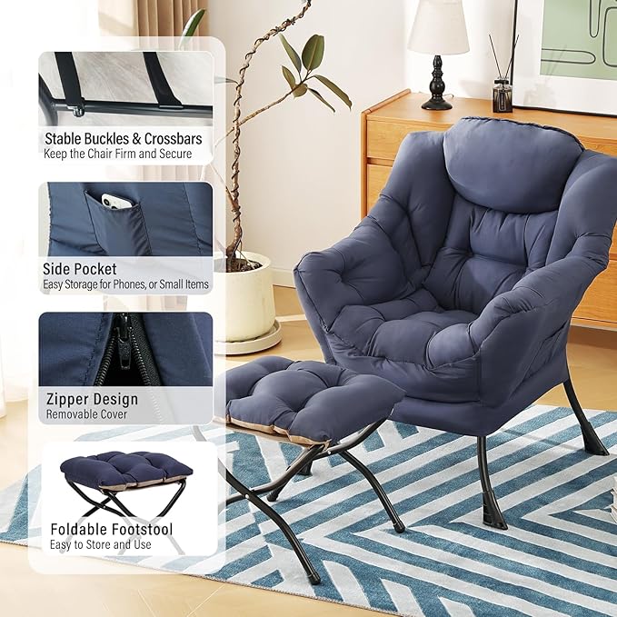 Lazy Chair with Ottoman, Modern Accent Chair with Folding Footrest, Navy Blue Sofa Chair Set, Comfortable Reading Chairs, Oversized Armchairs for Bedroom, Study, Living Room, Courtyard