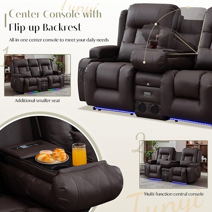 TUNYI Power Loveseat Recliner Sofa, Faux Leather Reclining Sofa with Console RV Reclining Loveseat Couch with USB/Outlet/Storage/Side Pocket/LED Light/Speaker (Brown, Loveseat)