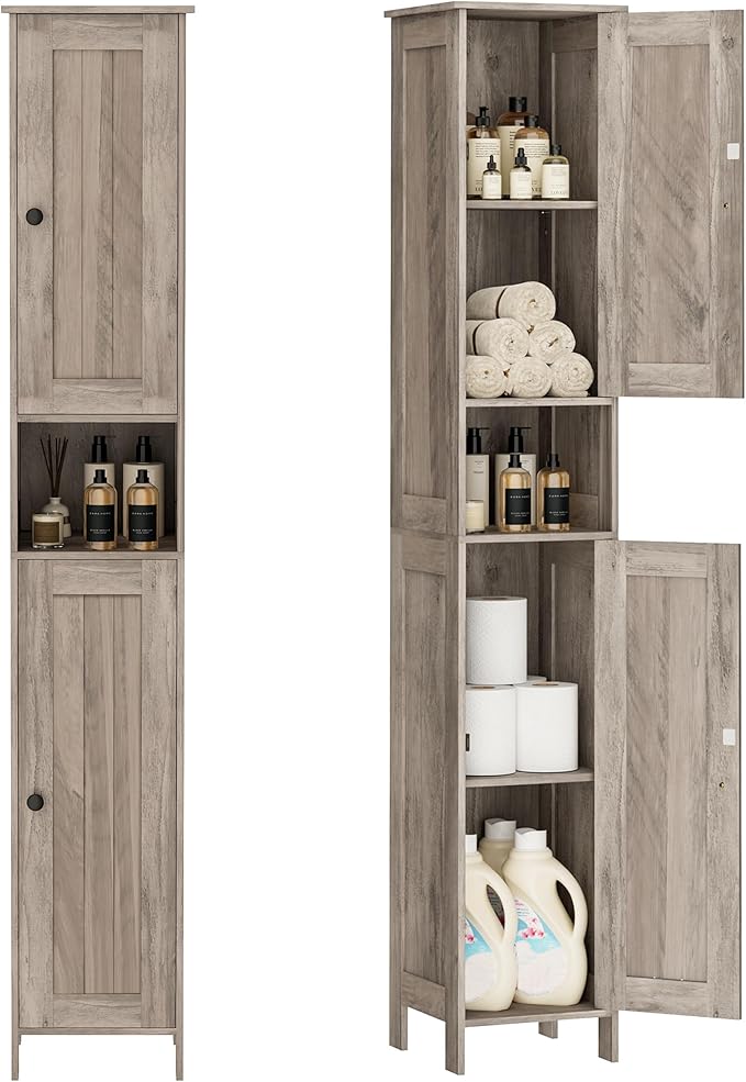 Tall Bathroom Storage Cabinet with 2 Doors, 67"H Narrow Storage Cabinet with Adjustable Shelves& Anti-Tip Design, Reversible Door Installation, Easy Assembly, 11.8 x 11.8 x 66.9 Inches, Greige