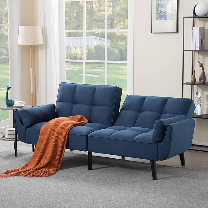 Convertible Futon Sofa Bed, Modern Futon Couch with 2 Pillows, Small Futons Couch with Adjustable Armrest & Backrest, Loveseat Sofa Bed for Living Room, Bedroom, Blue