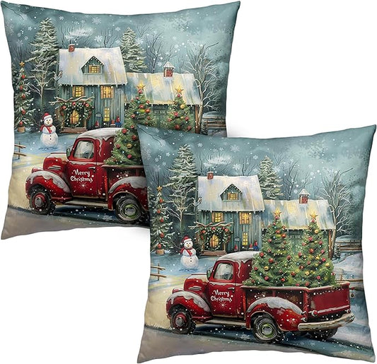 Xmas Tree Cabin Snowman Pillow Covers 20x20 Red Truck Christmas Pillow Case Merry Christmas Cushion Case Set of 2 for Winter Holiday Decorations Couch Bedroom